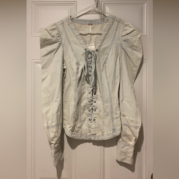 Free People Tops - Free People Lace Up Front Light Wash Denim Top Puff Shoulder XS